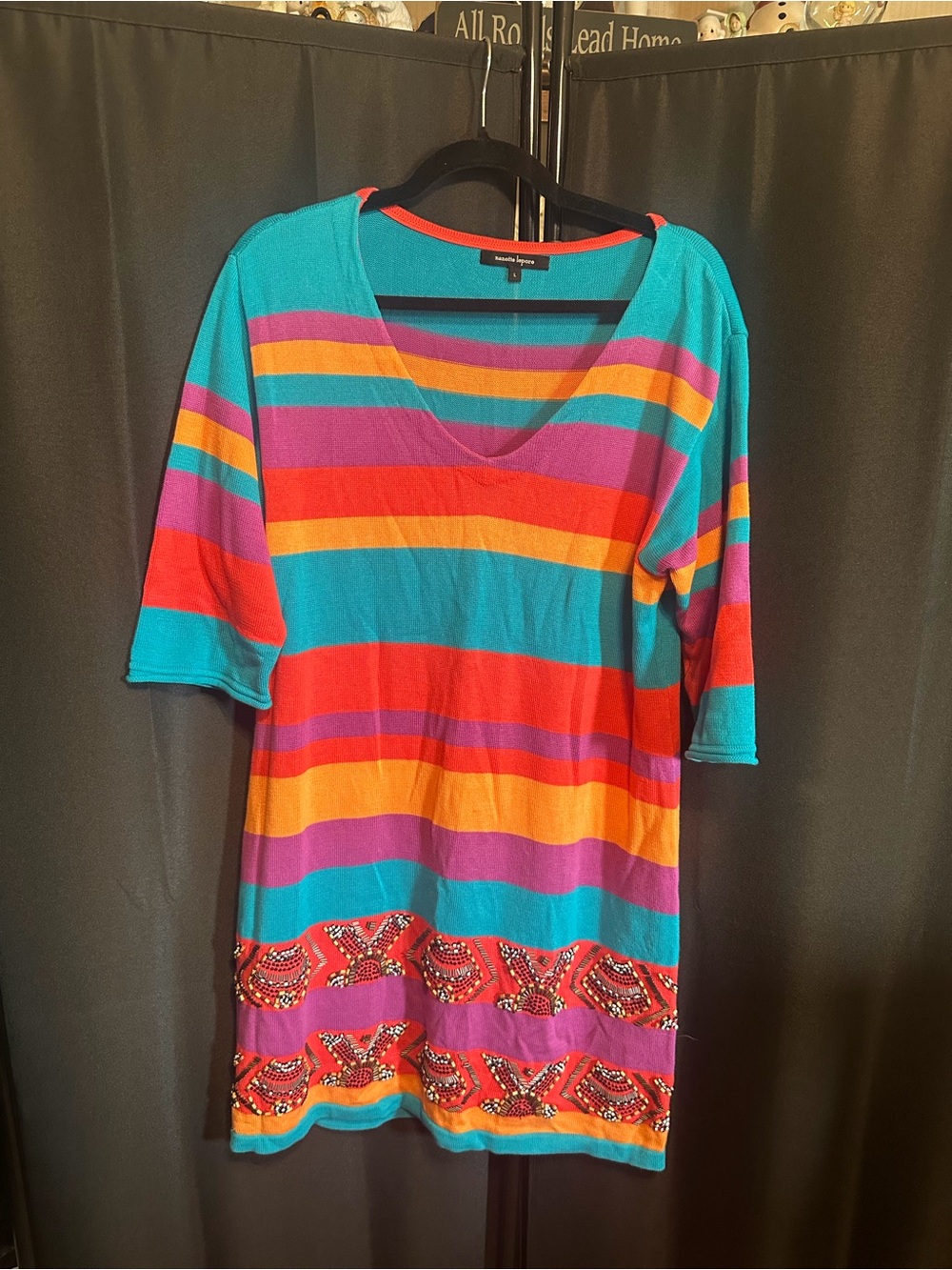 Nanette Lepore Turquoise, Red, Purple & Yellow Striped V-Neck Tunic Dress